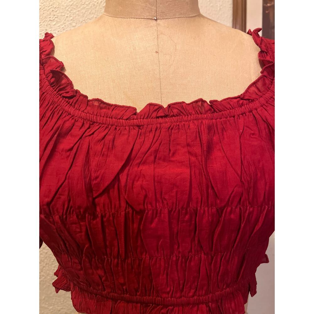 Dark Red Square Neck Ruffled Lantern Sleeve Cropped Top NWT Size XL - Picture 3 of 10